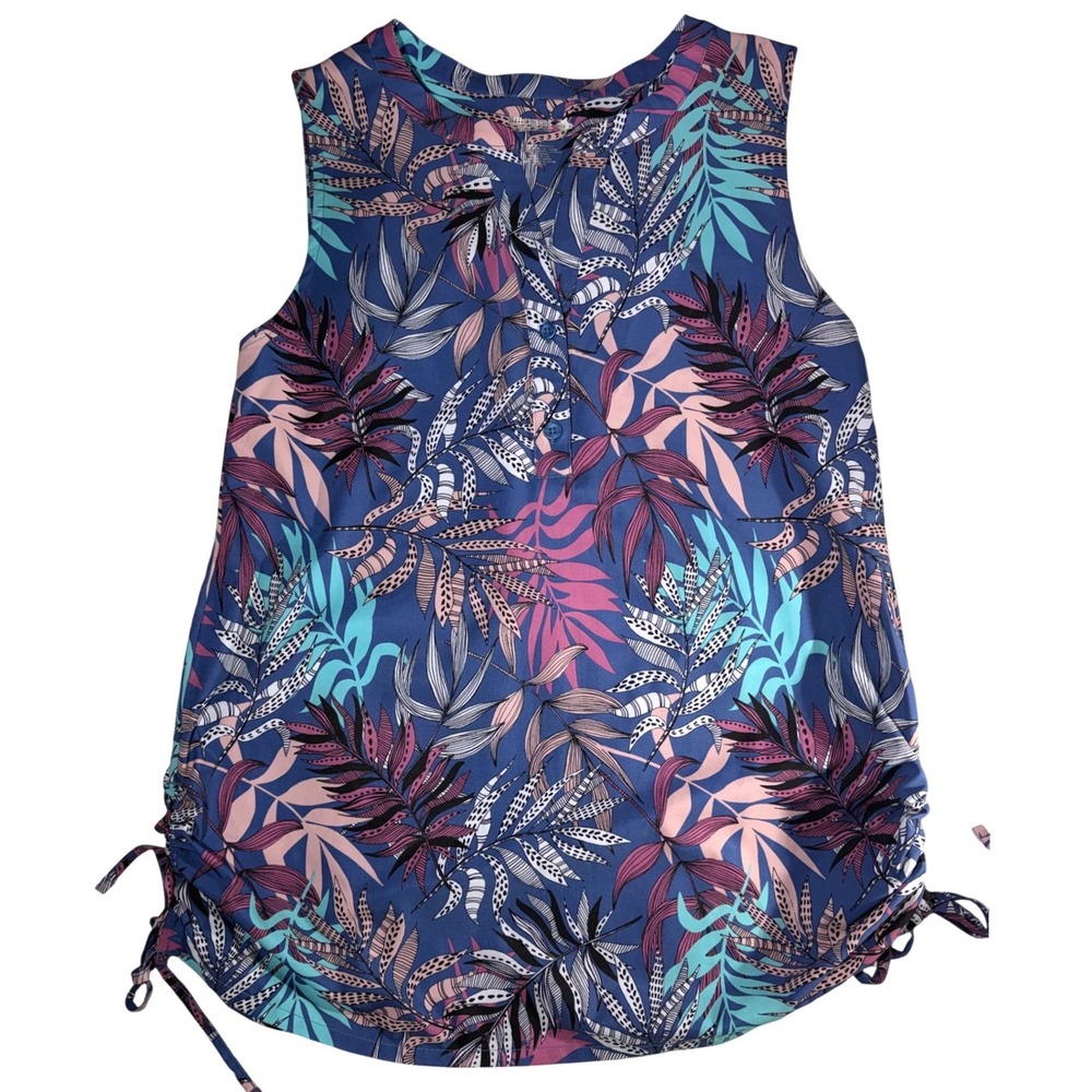 Reel Legends Women Large Blue Tropical Leaf Performance Sleeveless Ruched Top